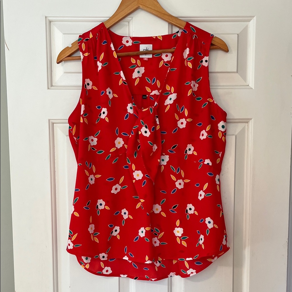 Cabi Tied-Up Top— Red Floral tie-front Sleeveless Top